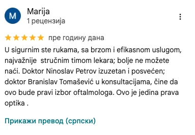 Google recenzija pacijenta Opto Lens 10